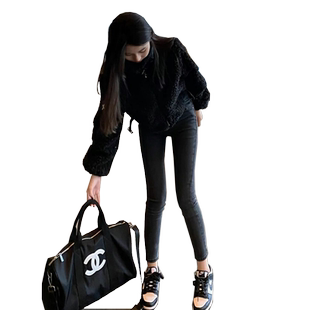 烟灰色加绒小脚牛仔裤女2025新款修身显瘦高腰紧身九分弹力铅笔裤