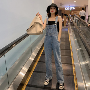 直筒垂感拖地裤 网红背带裤 2021新款 宽松高腰直筒阔腿裤 女夏牛仔裤