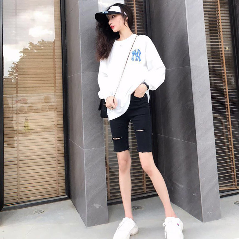 ins超火骑行五分牛仔裤女夏高腰显瘦港味紧身中裤黑色破洞5分短裤