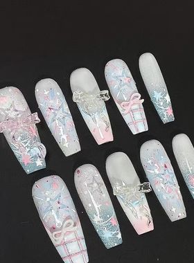 半手工美甲穿戴春日新款高级猫眼指甲薄荷可爱海洋显白学生蝴蝶结