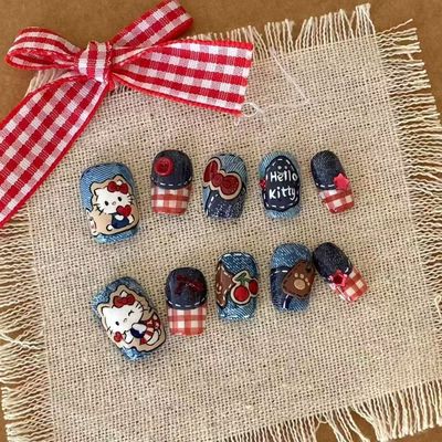 半手工卡通可爱手绘牛仔美甲穿戴手工可拆卸指甲学生短款KT贴片