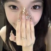 长款 豹纹美甲欧美辣妹贴片奢华水钻链条手工穿戴甲显白假指甲片