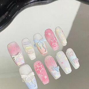 甜甜糖糕半手工美甲穿戴甲多巴胺蝴蝶结夏日猫眼指甲显白高级美甲