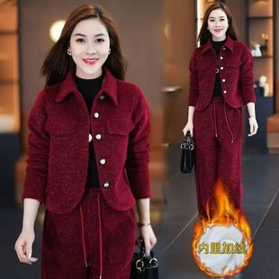 女冬季 洋气减龄衬衣领开衫 新款 阔腿裤 两件套 时尚 加绒加厚休闲套装