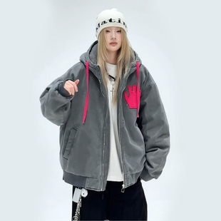 街头风连帽拉链棉服女宽松情侣外套 美式 冬季 新款