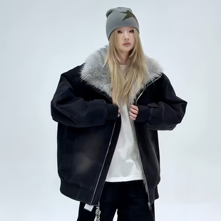 美式 复古毛领厚外套男女宽松拉链棉服外套