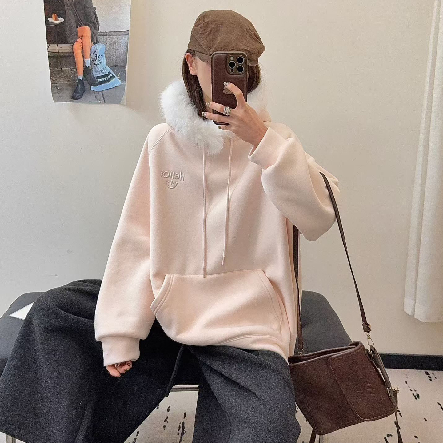 韩版毛领连帽卫慵懒风衣宽松休闲