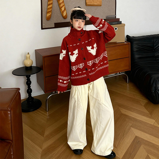 费尔岛风红色高领毛衣女秋冬宽松加厚复古北欧风针织开衫 外套