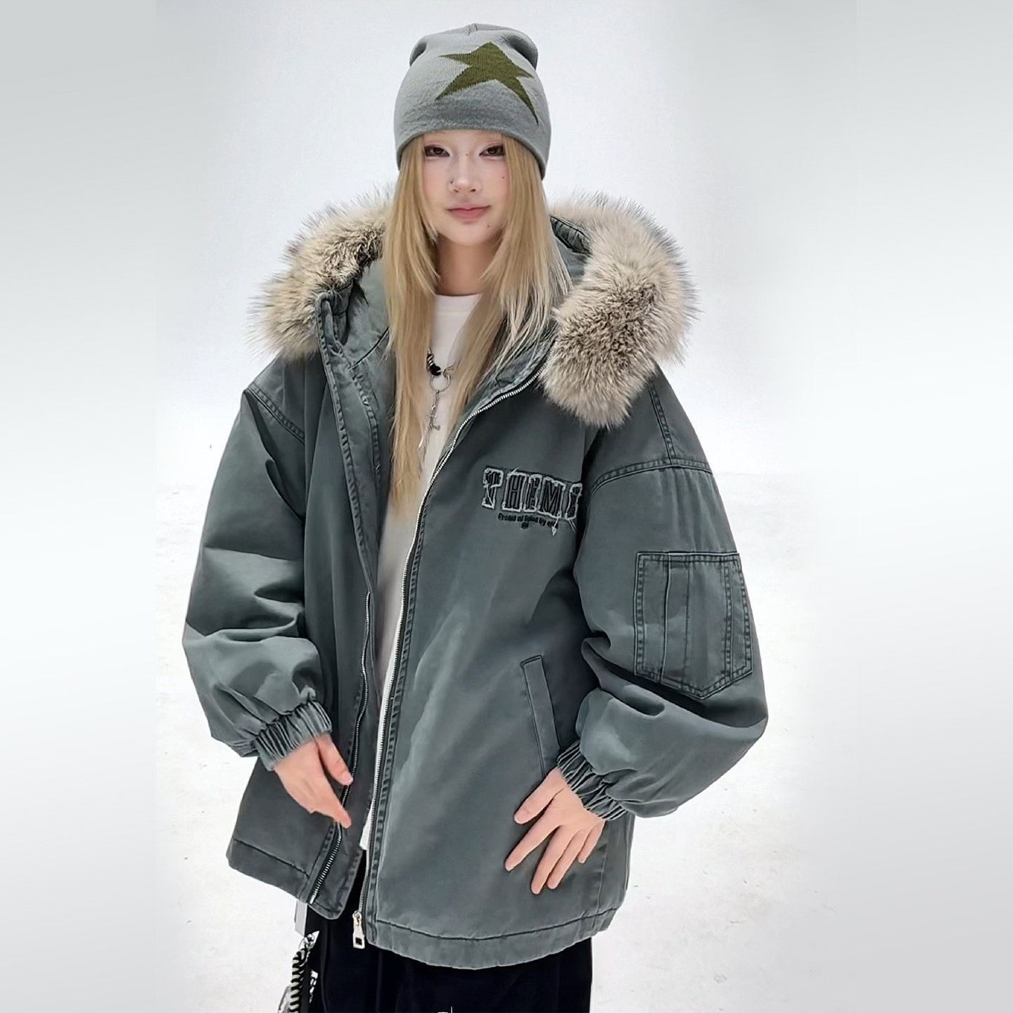 美式复古毛领派克服冬季加厚