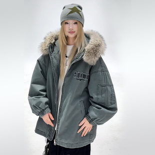 美式 加厚连帽棉服保暖外套 复古毛领派克服冬季