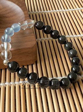 五行补水天然黑曜石海蓝宝手链
