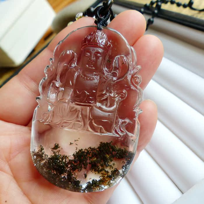 精品天然绿幽灵观音吊坠水晶项坠财富水晶晶体通透手工雕刻男包邮