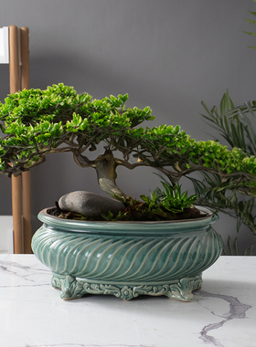 汝窑裂纹高档椭圆形长方盆景陶瓷盆窑变复古透气家用好看盆栽花盆