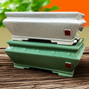 汝窑冰裂长方形陶瓷盆景盆复古宋瓷透气大号马槽花盆罗汉松景观盆