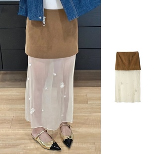 “手工珠片花朵”24春夏复古麂皮拼接网纱钉珠点缀半身裙透视长裙