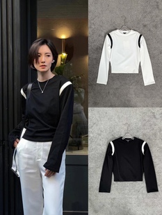 拼接皮革纹圆领垫肩长袖 时尚 T恤女 小众设计师2022秋冬新款 谢怼怼