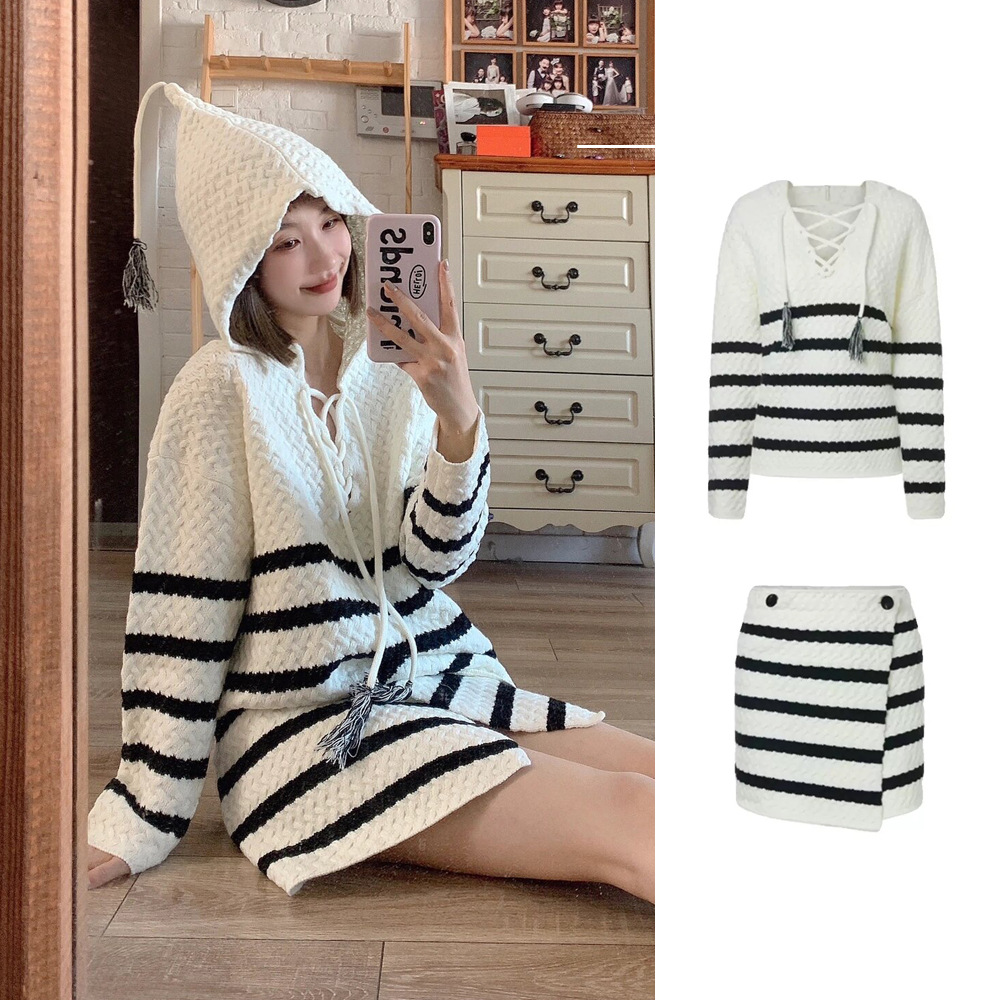 绵羊毛针织衫小众套装早春条纹