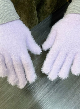冬季仿兔毛加绒分指保暖手套女