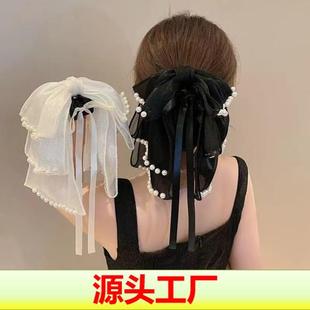 超仙多层珍珠飘带蝴蝶结抓夹后脑勺森系发卡半扎发高马尾发夹头饰