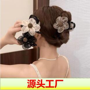 网纱水钻花朵太阳花抓夹8cm丸子头发卡气质高马尾发夹盘发鲨鱼夹