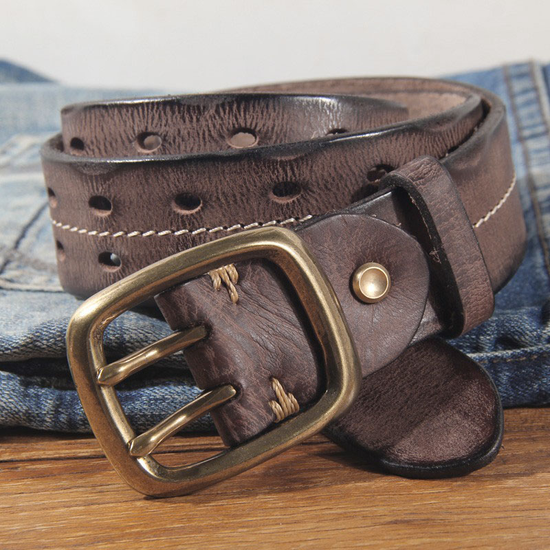 双针扣皮带男士真皮手工复古质感头层纯牛皮牛仔裤腰带裤带铜扣软
