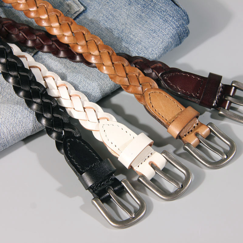 1.9cm编织皮带女细头层纯牛皮配裙子装饰免打孔窄白色牛仔裤腰带