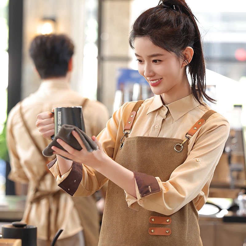 奶香风茶饮店工作服西餐厅服务员衬衫长袖熟食火锅店传菜制服印字