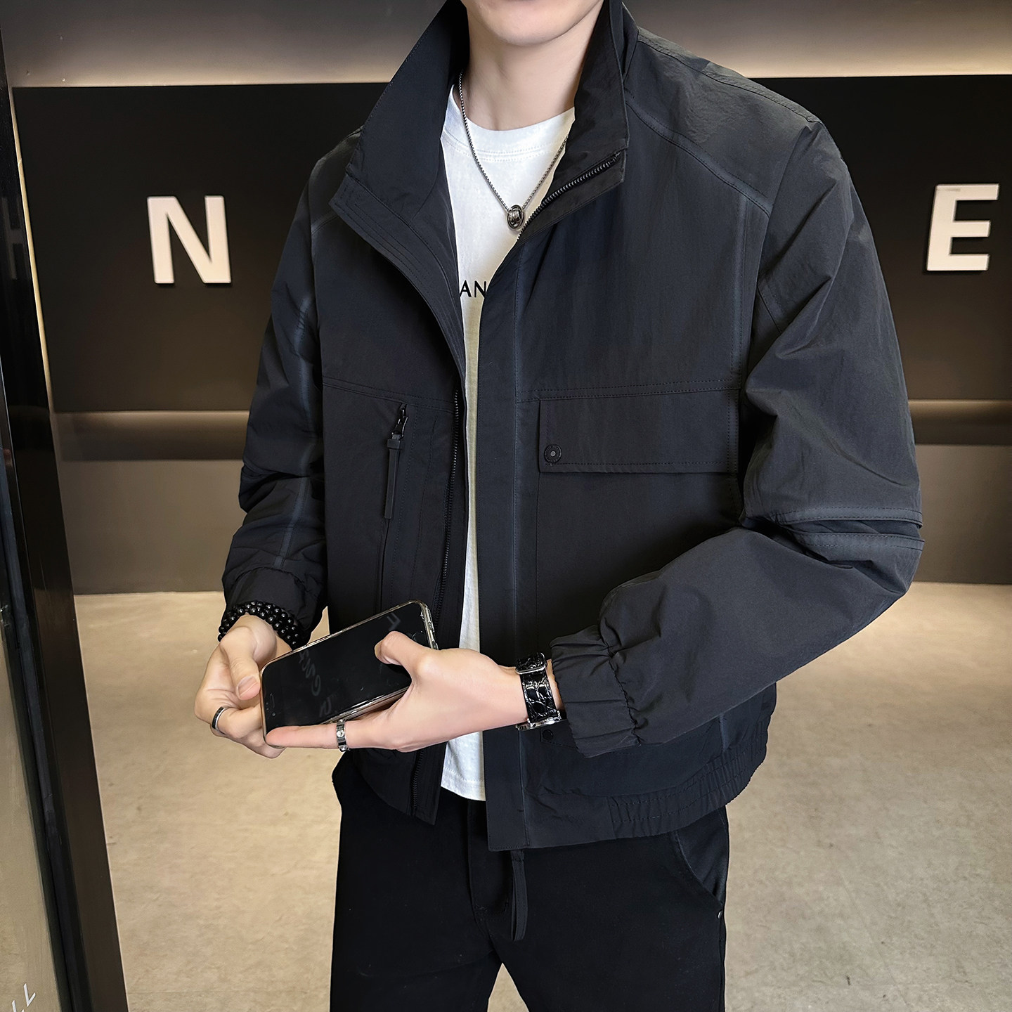模特2026春装新款立领夹克衫2628P120黑色穿到190斤，男装夹克，电商D227
