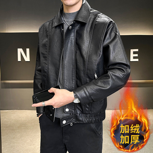 模特 2025男士机车加绒皮衣PU皮夹克 8024 加绒款 P145 咖啡色图片