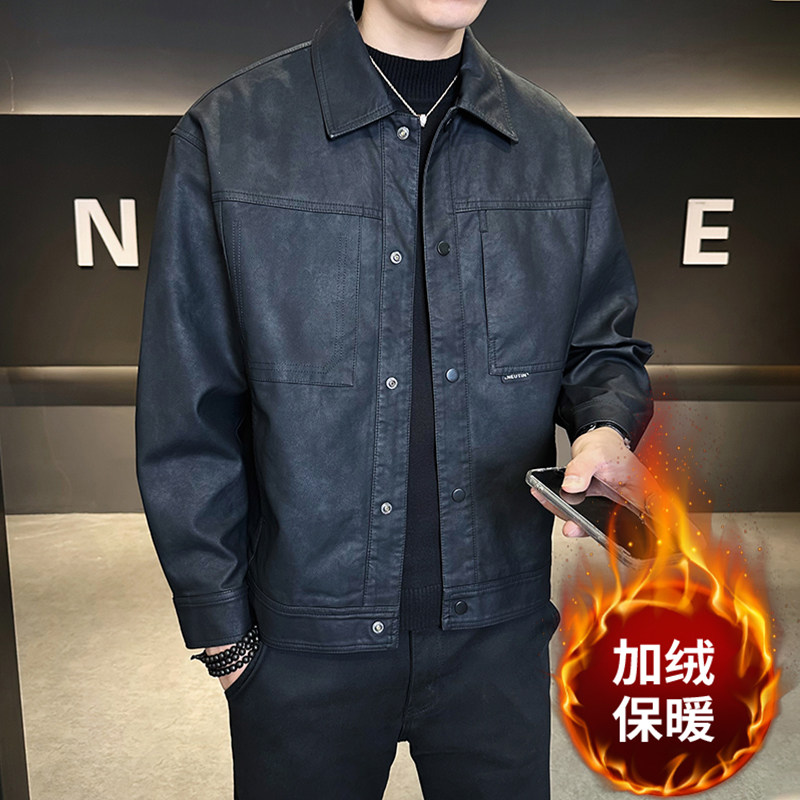 模特 2025年秋装男士机车皮衣PU皮夹克外套 5818 加绒款 P150 黑图片