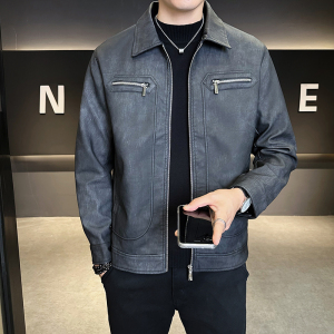 模特 2025年秋装男士机车皮衣PU皮夹克外套 2506  P140 灰色图片
