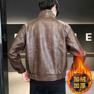 模特 2025男士机车加绒皮衣皮夹克外套 6016 加绒款 P145 咖啡图片