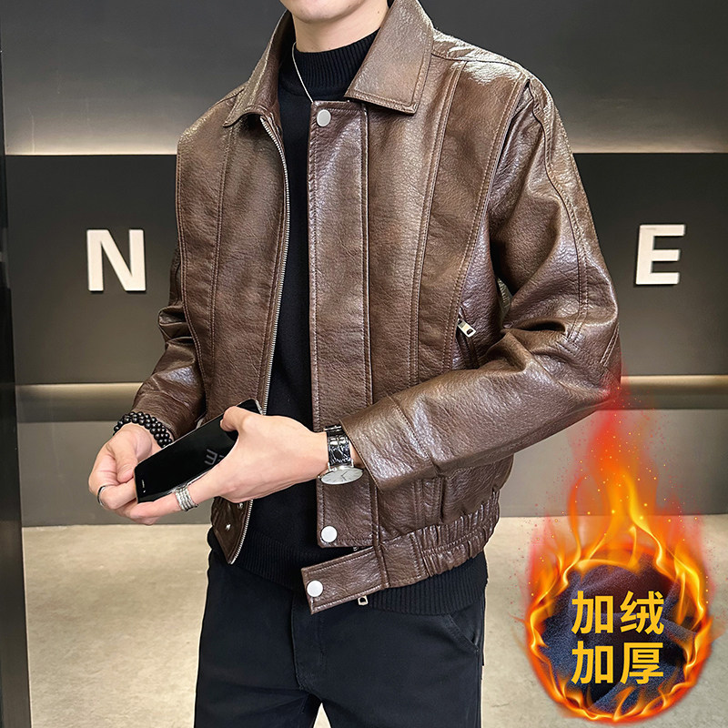 模特 男士机车加绒皮衣PU皮夹克 2024 （8024加绒款）  P145 咖啡图片