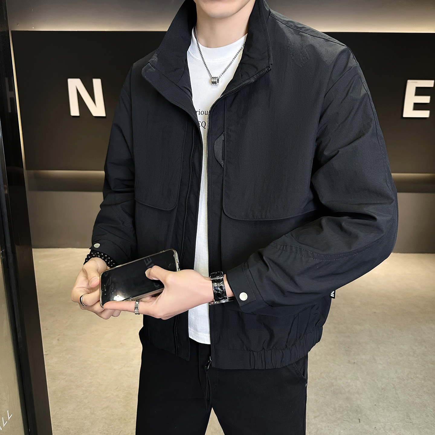 模特2026春装新款立领夹克衫882601P115黑色穿到200斤，男装夹克，电商D227