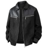 平铺摆拍2025年秋装翻领PU拼接长袖夹克外套2509P135黑色，男装夹克，电商D227