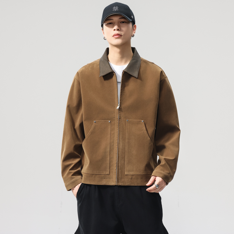 2025秋季新款翻绒皮撞色拼接翻领工装宽松休闲夹克外套巴恩风