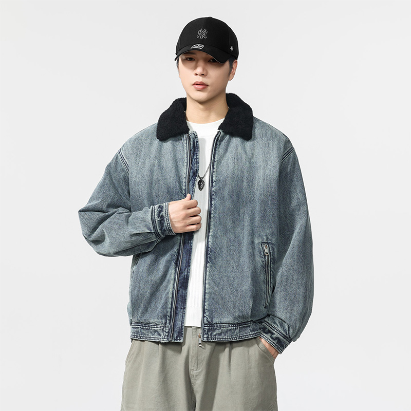 冬季重磅美式毛领保暖牛仔夹克男