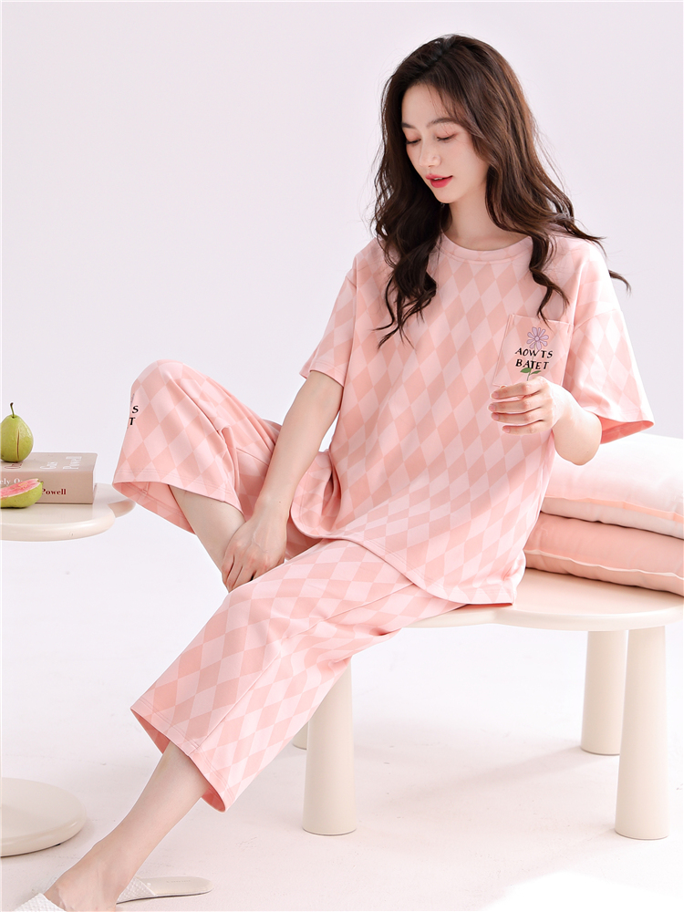 2025新款带胸垫女士睡衣七分裤夏季纯棉短袖薄款加大码家居服套装