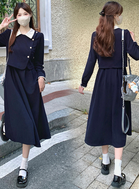 YM80682大码秋季新款胖妹妹气质通勤假两件收腰遮肉长袖连衣裙