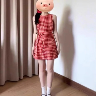 D99266红色格子连衣裙女大码女胖mm遮肚子梨型身材小个子短裙夏