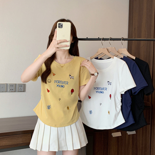 O-35615实拍夏装新款胖mm大码女甜美刺绣卡通字母弧形掐腰短袖T恤