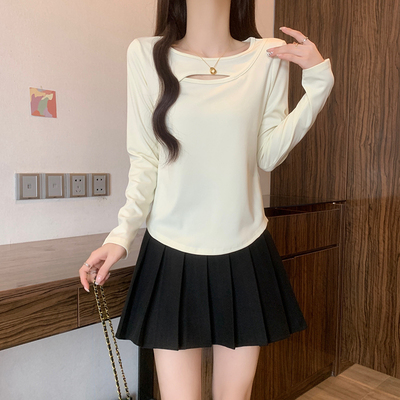 Y16022大码磨毛秋冬镂空长袖打底衫女内搭设计感百搭显瘦T恤