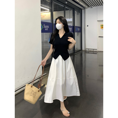 O-35332实拍夏装新款胖mm大码女简约休闲v领不规则掐腰短袖T恤