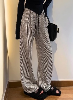 L66257 实拍黑白斜条纹阔腿裤大码女装秋季新款垂感休闲直筒裤