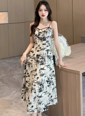 D99212茶歇法式高级感复古水墨画吊带连衣裙女黑色短款开衫两件套