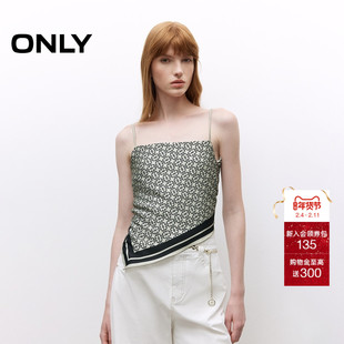 ONLY2025夏季新款老钱风满印不规则下摆系带丝巾吊带短款雪纺衫女