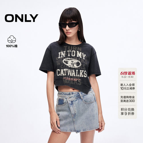 ONLY印花宽松落肩圆领短款T恤