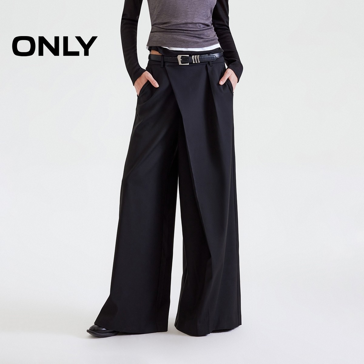 ONLY2026春季新款时髦质感斜纹西装高腰垂坠宽松直筒阔腿休闲裤
