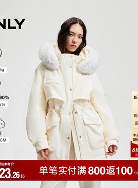 【鹅绒服】ONLY冬季时尚保暖连帽收腰工装白色狐狸毛领羽绒服女