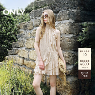 波嬉风挂脖圆领裙子不规则荷叶边短裙碎花连衣裙女 ONLY夏季
